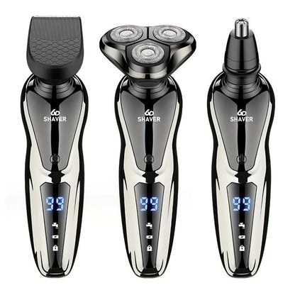 Electric Shaver for Men 3-in-1 Cordless Rechargeable - 360° Floating Rotary Beard Trimmer, Nose Hair Trimmer & Face Shaver with LED Display, USB Charging, Black