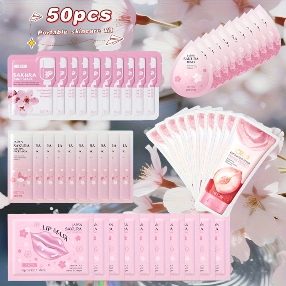 50pcs Sakura Skincare Set | 10 Packs Each of Sakura Mud Mask, Sleeping Mask, Peach Scent Body Cleansing Scrub, Nutritional Lip Mask, Sakura Moisturizing Toner | Gentle Cleansing, Moisturizing, Easy to Travel, Suitable for All Skin Types
