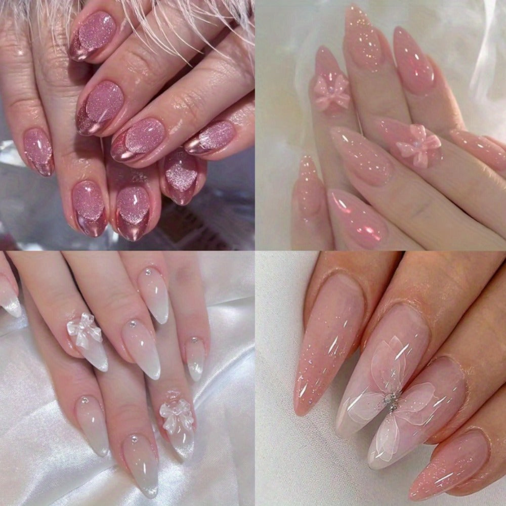 96pcs 4pcs Shiny Ice Pink Gradient Almond Nails - Exquisite Flower Butterfly Design, Easy to Bloom with Press - Perfect Daily Wear for Women and Girls