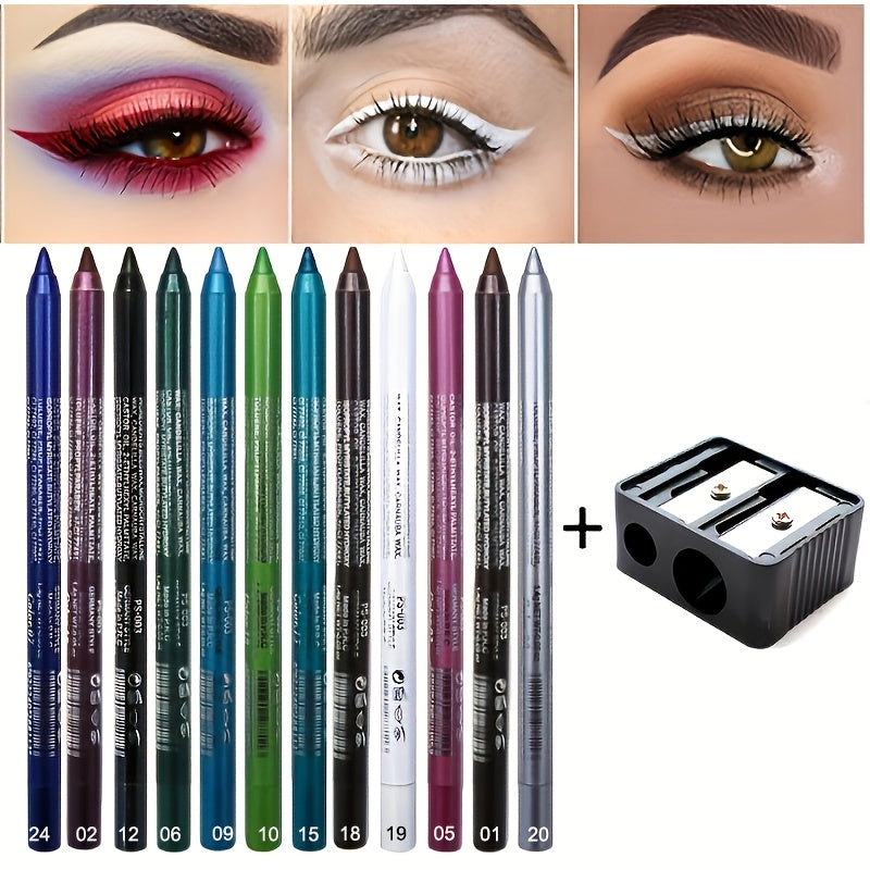12 eyeliner pens with pencil sharpener set 2in 1 color makeup eyeliner pen eye shadow waterproof and sweat resistant long-lasting beauty solution Perfect gift for Mother's Day