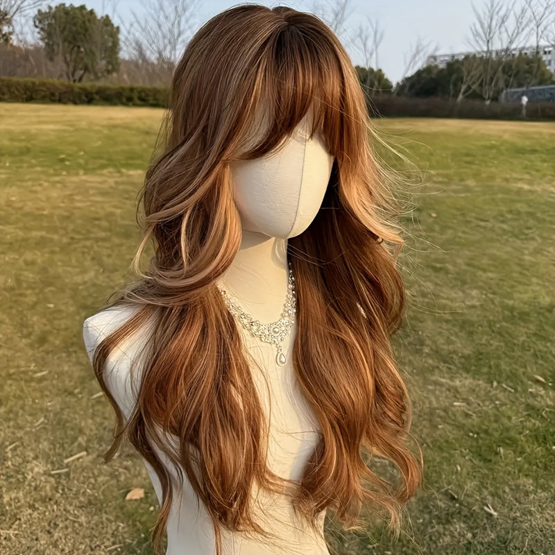 Women's 24-Inch Highlighted Brown Wavy Wig with Bangs-Soft Heat-Friendly Fibers, Natural Volume, Easy to Style, Great for Everyday Use, Parties & Cosplay