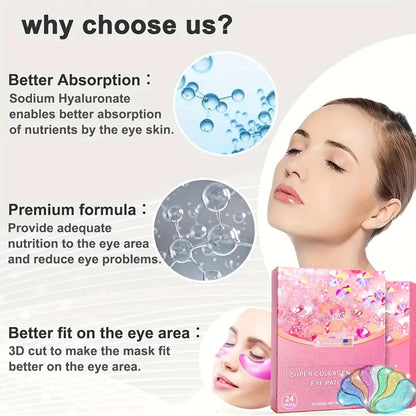 Under Eye Patches Collagen Eye Mask 24 Pairs - Hyaluronic Acid Anti Wrinkle Dark Circles Puffiness Treatment Moisturizing Gel Pads for Women Skincare