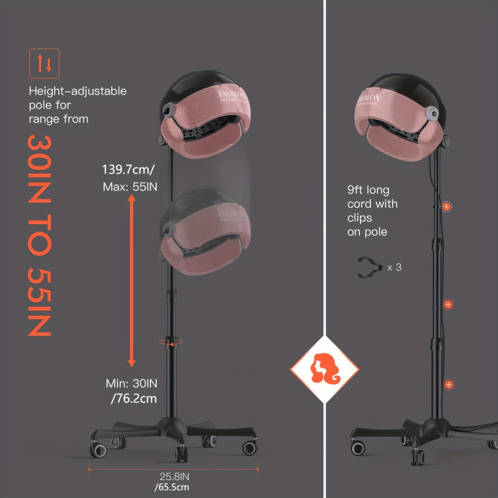 Ionic Hooded Hair Dryer, 1875W Professional Standing Hair Dryer Bonnet with 3 Temperature Settings, Height Adjustable Rolling Hair Dryer On Wheels, Sit Under Hair Dryer for Home & Salon