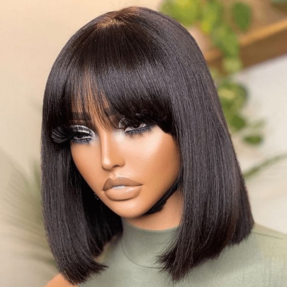 Bob Wig Human Hair Brazilian Straight Short Bob Lace Front Wig 3x1 Lace Part with Bangs Pre-Plucked Natural Hairline Color 1B/30 Highlight 10-12 Inch Women
