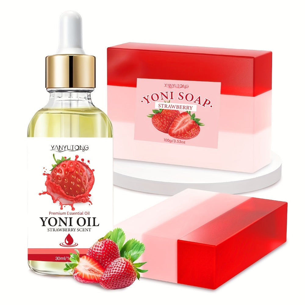 Yoni Wash Set for Women 4pcs Strawberry Scented Yoni Oil Yoni Soap Feminine Hygiene Bath Set pH Balance Odor Control Moisturizing Intimate Care Products