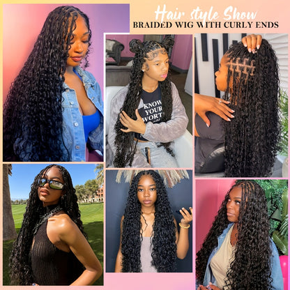 Bohemian Box Braids Wig 360 Full Lace Knotless Goddess Braided Wig for Women 36 Inch Synthetic Hair Natural Black Honey Blonde Burgundy Lightweight Breathable Daily Party