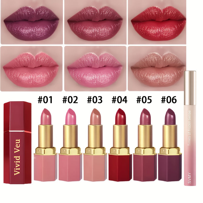 6 Hydrating Lipsticks - Durable Moisturizing Creamy Formula, Effortless Application with a Texture, Vibrant Berry Hues Perfect for All Light Beige Complexions, Daily Makeup, Easy to Use, Shiny End, Essential for Beauty Enthusiasts!