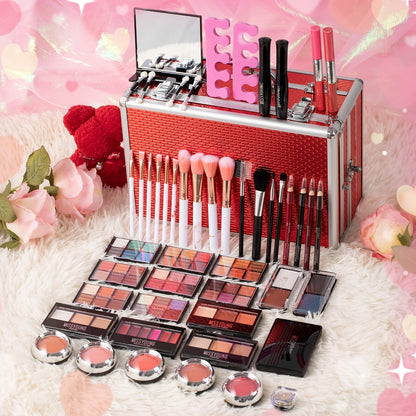 Complete Makeup Kit with Aluminum Travel Case & Mirror - Full Set Eyeshadow Blush Lipstick Foundation Eyeliner Mascara & Brushes - Gift for Women Girls Beginners, Silver & Red