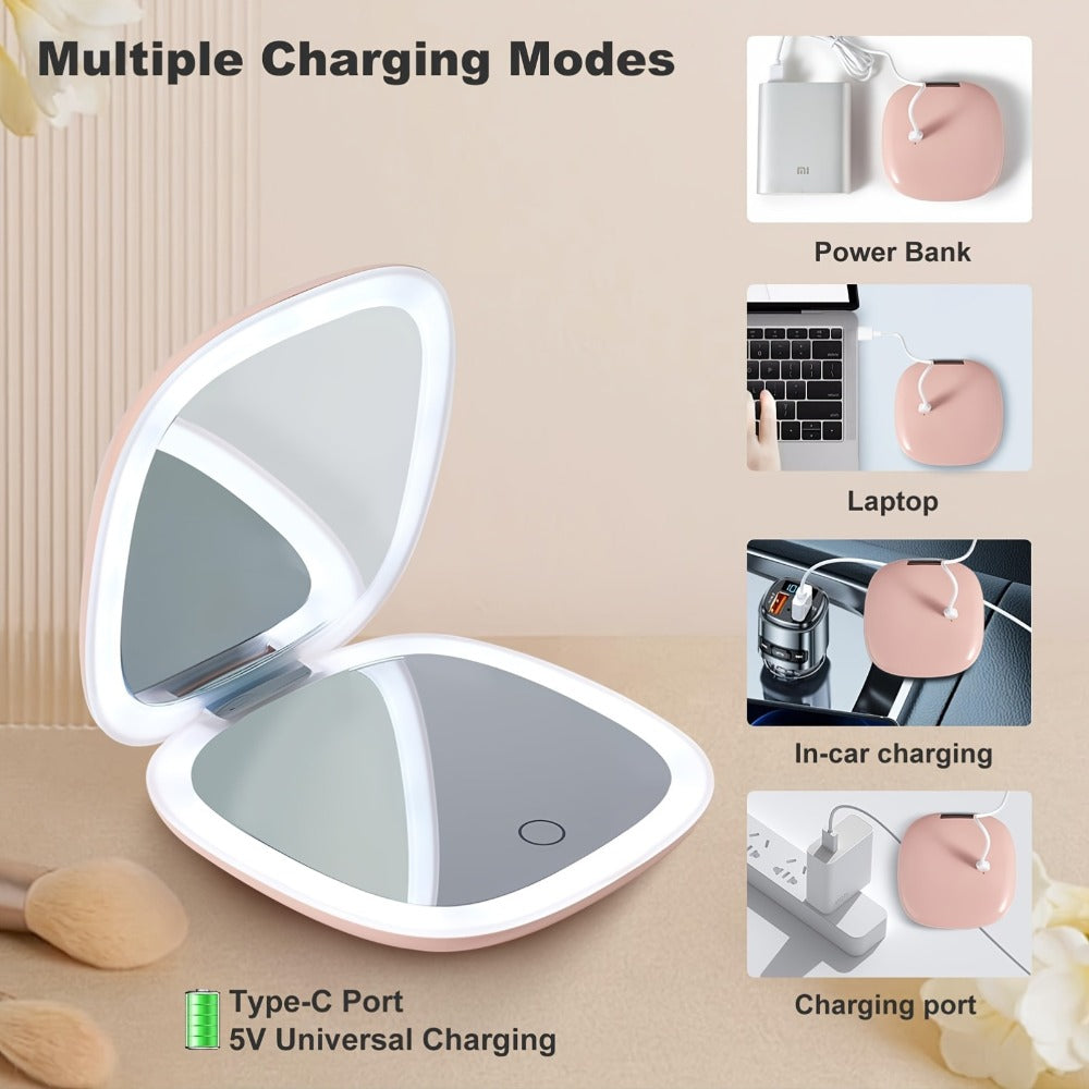 Two-Sided Magnifying Mirror with LED Lights, Featuring Three Brightness Levels, USB Charging, a Foldable And Portable Design, a Polished Plastic Frame, And an Animal Theme, Ideal for Makeup And Travel