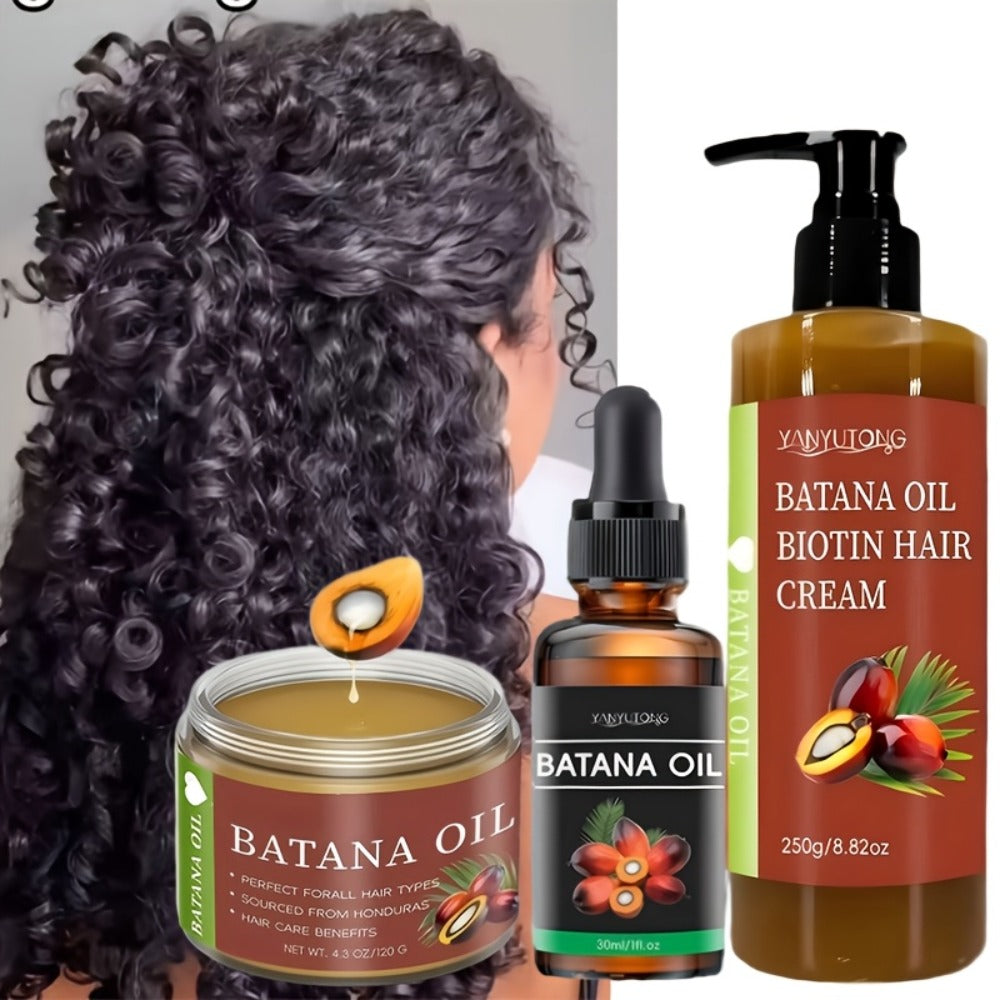Batana Hair Care Set 3pcs - Honduras Cold Pressed Hair Cream, Hair Oil & Essential Oil with Biotin | Thickens, Strengthens & Nourishes Scalp | Prevents Breakage