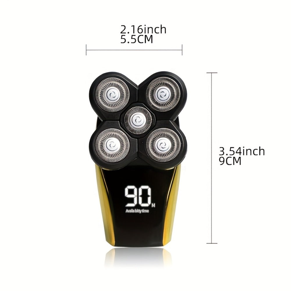 5-in-1 Premium Electric Shaver Kit for Men - Wet/Dry Rotary Shaver with Digital Display/ No Display Function for Bald Head, Beard, Nose, Ear, Body Grooming with Rechargeable Cordless Design, Face Cleaning Brush, And Travel Bag - Ideal Gifts for Him