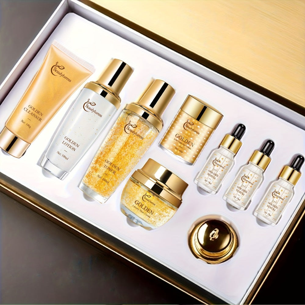 Collagen Skincare Set 9pcs Korean Facial Serum Moisturizer Cream Hyaluronic Acid Firming Hydrating Luxury Gift Box for All Skin Types
