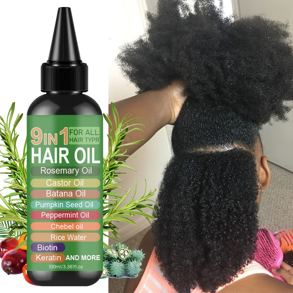 Rosemary Hair Oil 9-in-1 100ml — Rice Water, Castor, Batana, Biotin & Keratin Blend, Moisturizing Smoothing Split End Repair Hair Oil for All Hair Types