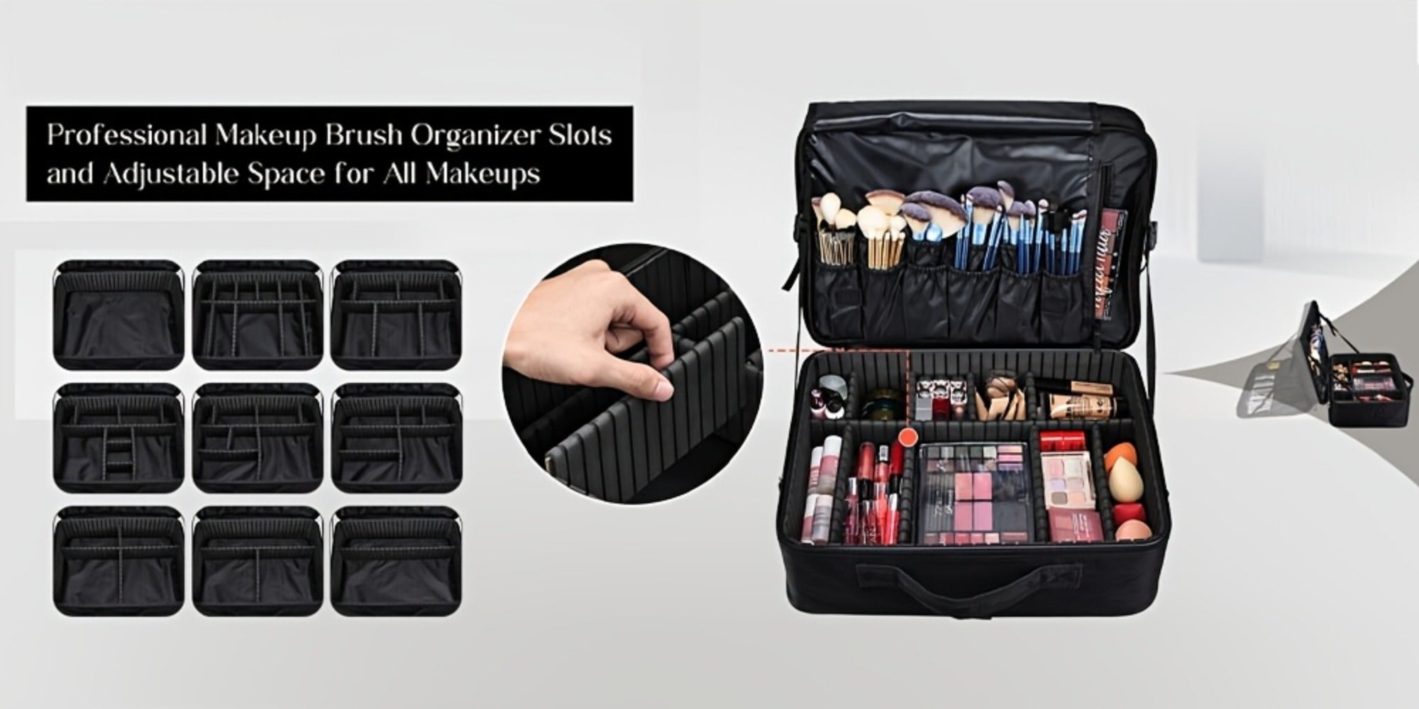 Makeup Case, Professional Train Case Large Makeup Bag, Travel Cosmetic Organizer Brush Holder Makeup Artist Storage Box, for Cosmetics Makeup Brushes Toiletry Jewelry Digital Accessories, 15.8 Inches, with Adjustable Dividers and Shoulder Strap