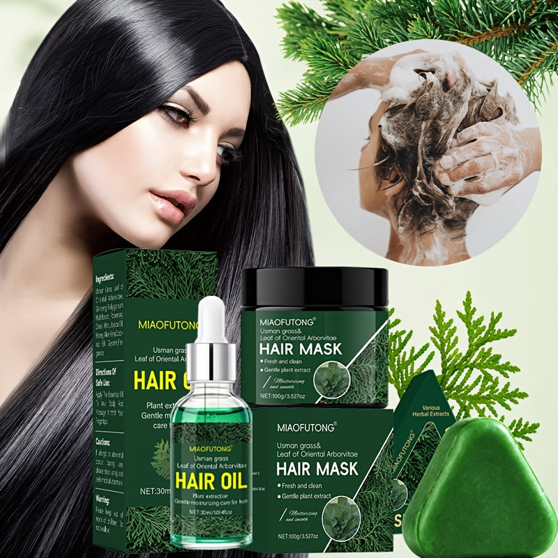 Three Piece Hair Care Combination Set-Usman Herbal Shampoo Bar + Usman Herbal Essence + Usman Herbal Hair Mask Care Set, Deeply Cleanses, Cleans Hair And Scalp, Suitable For Oily Hair Shampoo, Usman Herbal, Can Nourish Hair And Protect Hair Quality