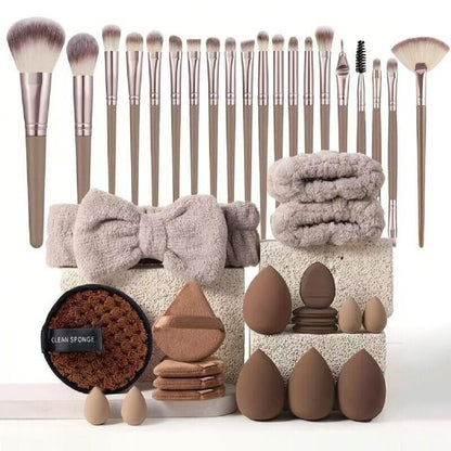 Makeup Brush Set 56Pcs Professional Complete Kit Soft Polyester Bristles Wood Handle Foundation Blush Contour Eye Shadow Powder Brushes for Beginners & Pros Beige Pink Brown