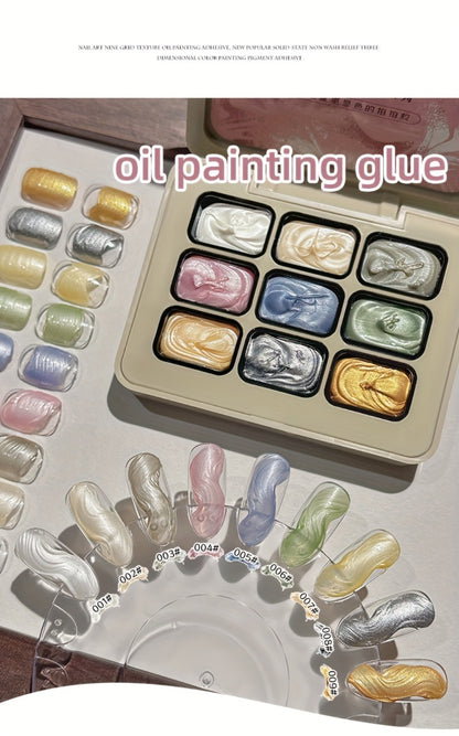 Pearlescent Nail Gel 9-Grid Shell Shimmer Cream Oil Painting Gel Polish - Mother of Pearl Spiral Design Multicolor Glitter Gel for Salon DIY Nail Art