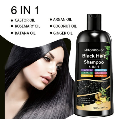 Black Hair Dye Shampoo 6-in-1 Gray Coverage - Castor, Batana, Coconut, Rosemary & Ginger Oil Formula, Instant Color, Glossy & Voluminous, Unisex, All Hair Types
