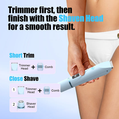 Electric Bikini Trimmer for Women 2-in-1 Dual Head with Digital Display — Wet & Dry Painless Hair Removal for Bikini Line, Legs & Underarms, Rechargeable Cordless Shaver