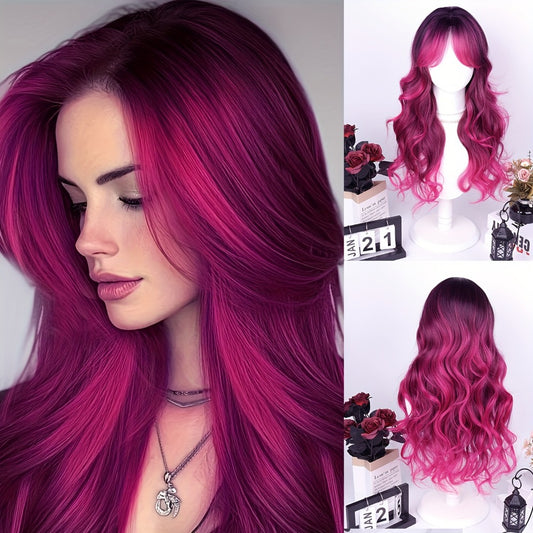 28" Heat Resistant Synthetic Hair Long Wavy Wig With Air Bangs - 150% Density Rose Net Cap For Women, Elegant Curly Wave Style For Parties, Christmas & Casual Attire, Halloween, Everyday Wig | Chic Appearance | Synthetic Hair Wig, Wig Accessories