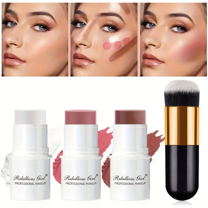 Creamy Blush Stick Makeup Kit — 4-Piece Set with Highlighter Bronzer Contour Stick & Brush | Waterproof Long-Lasting | Matte & Shiny Finish | Cheek Sculpting