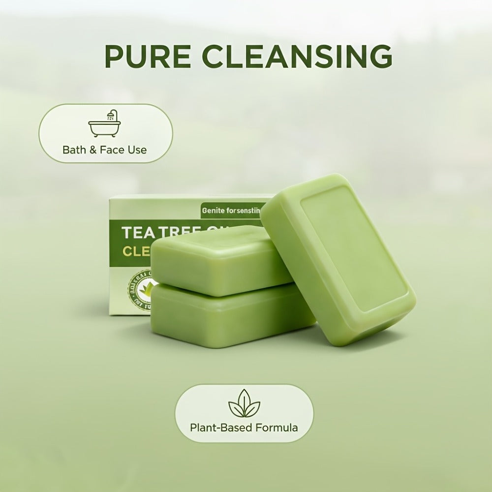 3pcs Tea Tree Plant Essence Handmade Soap, Cleanses The Skin With A Strong Fragrance.