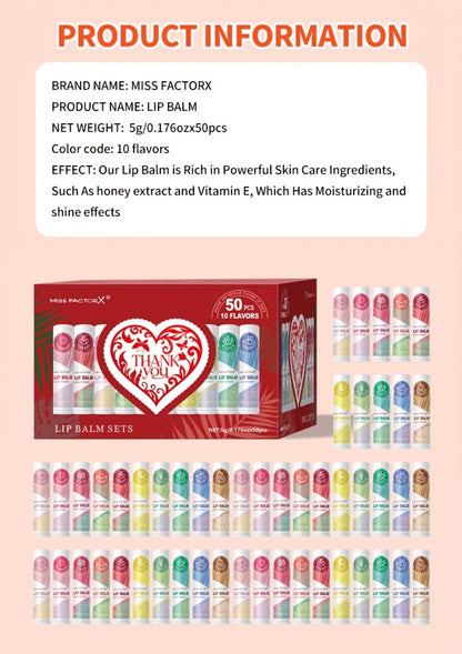 Lip Gloss Set 50 Pieces - Moisturizing Fruit Flavored Lip Balm Kit, 10 Colors Hydrating Lip Care for Dry & Cracked Lips, Holiday Gift Set for Women