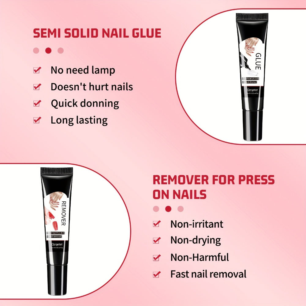 Nail Glue & Remover Kit 4pcs - 2x Semi-Solid Gel Nail Glue 10g + 2x Nail Polish Remover 10ml, Quick-Drying No-Lamp Press-On Nail Adhesive, Long-Lasting Strong Bond for Fake & Acrylic Nails