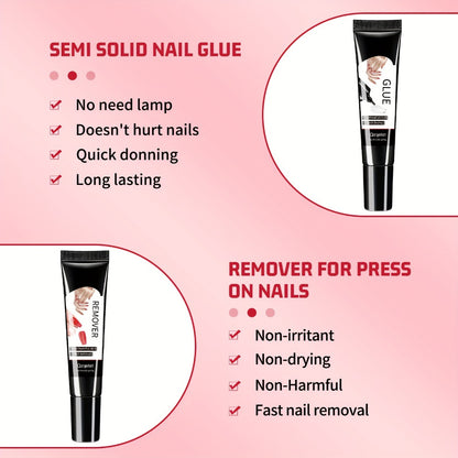 Nail Glue & Remover Kit 4pcs - 2x Semi-Solid Gel Nail Glue 10g + 2x Nail Polish Remover 10ml, Quick-Drying No-Lamp Press-On Nail Adhesive, Long-Lasting Strong Bond for Fake & Acrylic Nails