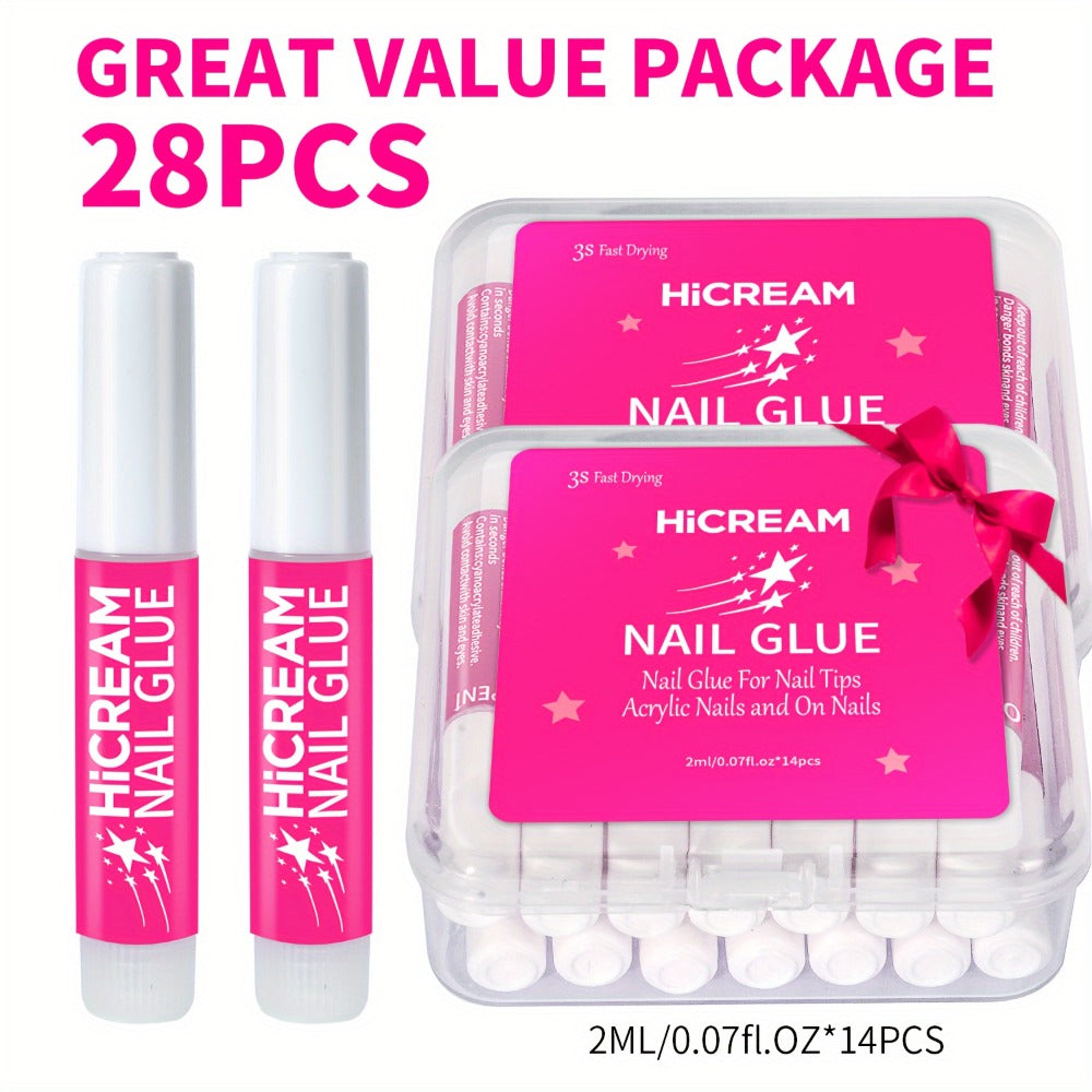 Complete Nail Glue Set - Water-Resistant, Unscented Liquid Adhesive for Press On Nails with 2pcs 0.24oz Brush On Nail Glue & 12pcs 0.07oz Bottles - Perfect for Nail Art And DIY Nail Enhancement (14pcs/28pcs)
