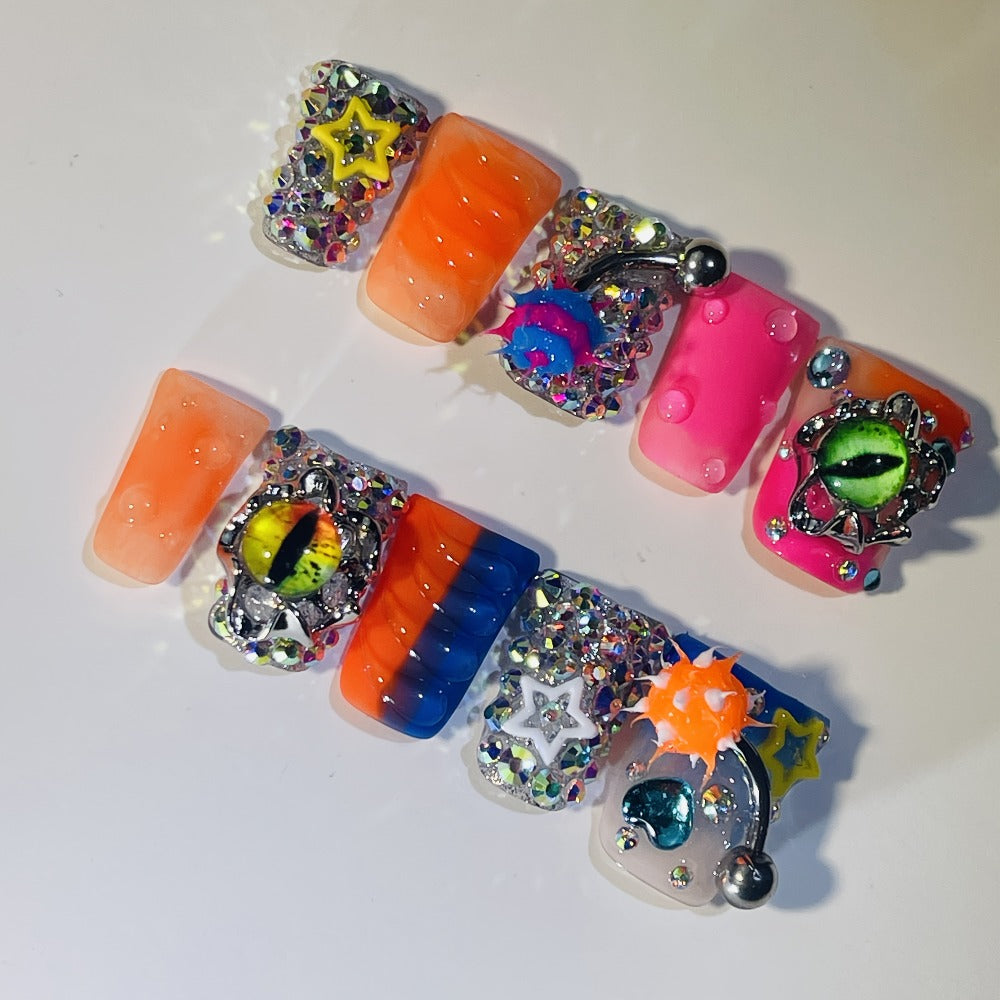 Y2K Piercing Charm Press on Nails Handmade Duck Nail with Nightmare Eye And Barbell 3D Nail Charms, Rhinestone Nails For, Trendy Party Nail Art