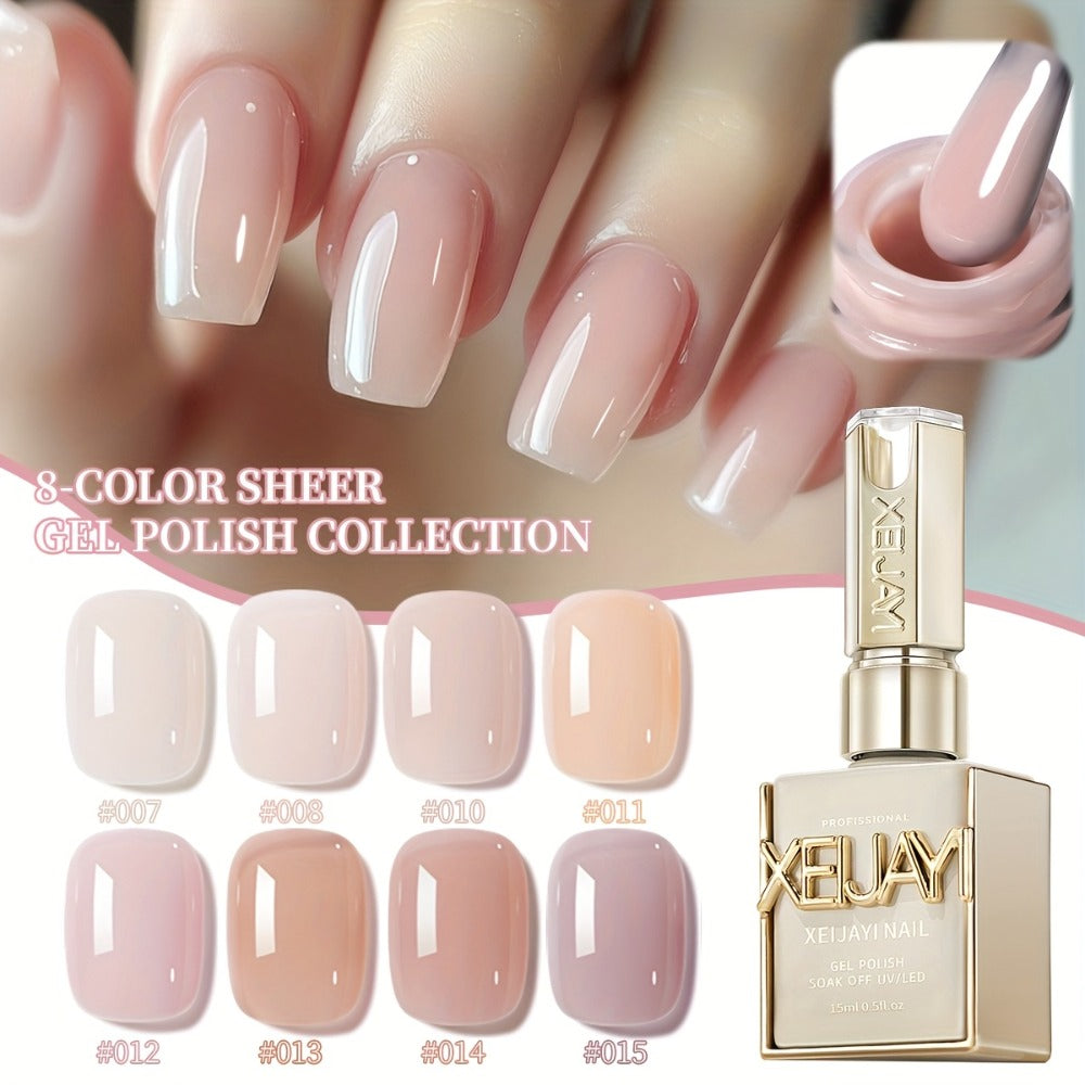 Jelly Gel Nail Polish Set 8 Colors — Summer Ice Transparent Sheer Shades, Glossy Hydrating Formula, LED Lamp Compatible Nail Art Manicure Kit