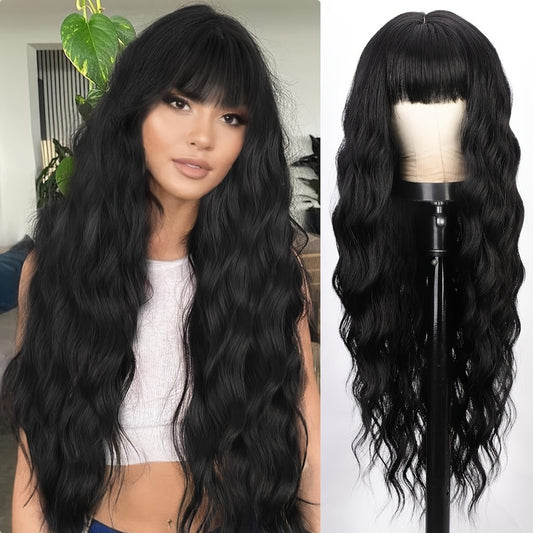 Daily Wear Wig| Elegant 28" Black Body Wave Wig with Bangs - Heat-Resistant Synthetic Curly Fashion Wig for Women, Natural Look for Daily Use & Holiday Parties, Wig Accessories