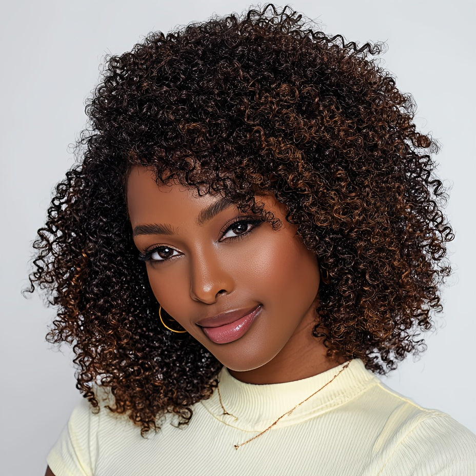 Highlight Short Kinky Curly Human Hair Wigs with Bangs Easy Wear Glueless Wig Brazilian Remy Short Curly Bangs Wig Human Hair for Women