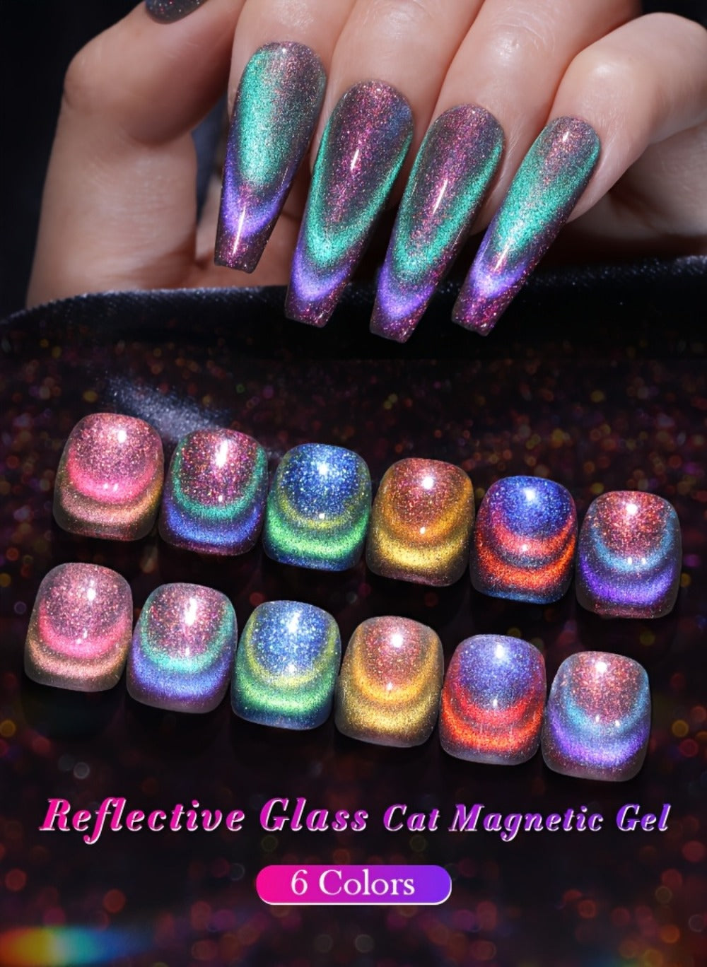 BORN PRETTY 0.34oz 6pcs Double Light Reflective Glass Cat Magnetic Gel Polish for Halloween Party Sparkling Rainbow Color Gel Soak Off