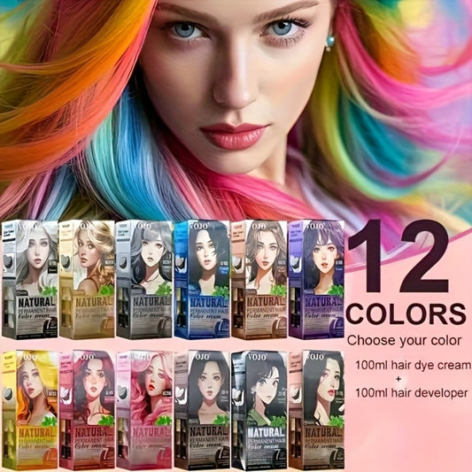 12-Color Permanent Hair Dye Kit with Developer & Applicator Tools - Long-Lasting Vibrant Shades (Pink, Silvery, Golden, Blue, Brown, Purple, Black, Red, White, Green, Yellow