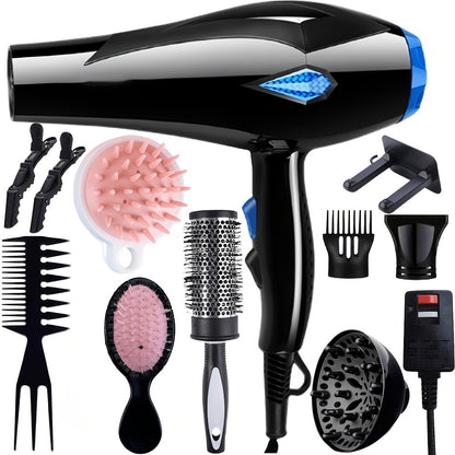 Professional Hair Dryer Set with Accessories - Brushless Motor Blow Dryer Kit with Concentrator Nozzle Comb Clip 2 Modes 3 Speeds for Home Travel Salon Black White Blue Green
