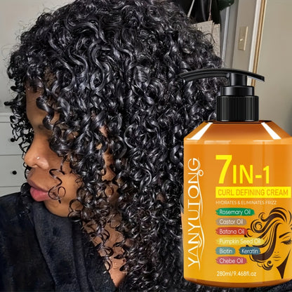 Curling Cream 7-in-1 Moroccan Argan Oil Rosemary Moisturizing Long-Lasting Hold Defines Waves Naturally Fluffy Frizz Control Wavy Curly Coily Hair 280ml