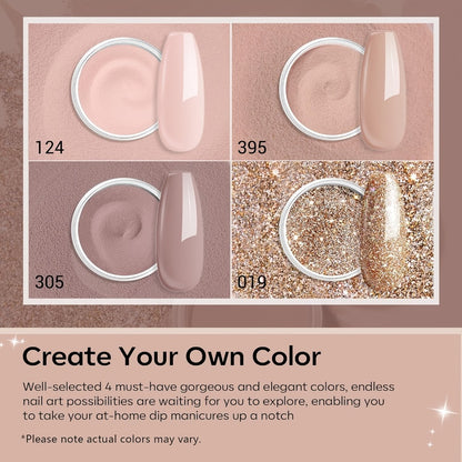 Dip Powder Nail Kit 11pcs for Beginners - 4 Nude Skin Tone Shades Golden Glitter Base Coat Top Coat Activator French Nail Art Gift Set