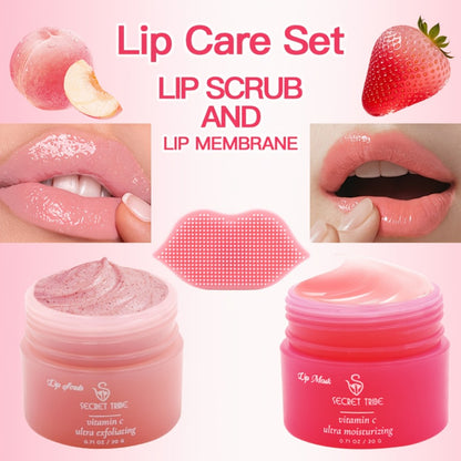 Lip Care Set 3pcs - Lip Mask, Lip Balm & Lip Brush Kit with Natural Ingredients for Hydration, Exfoliation & Lip Color Enhancement, Strawberry & Peach Scent