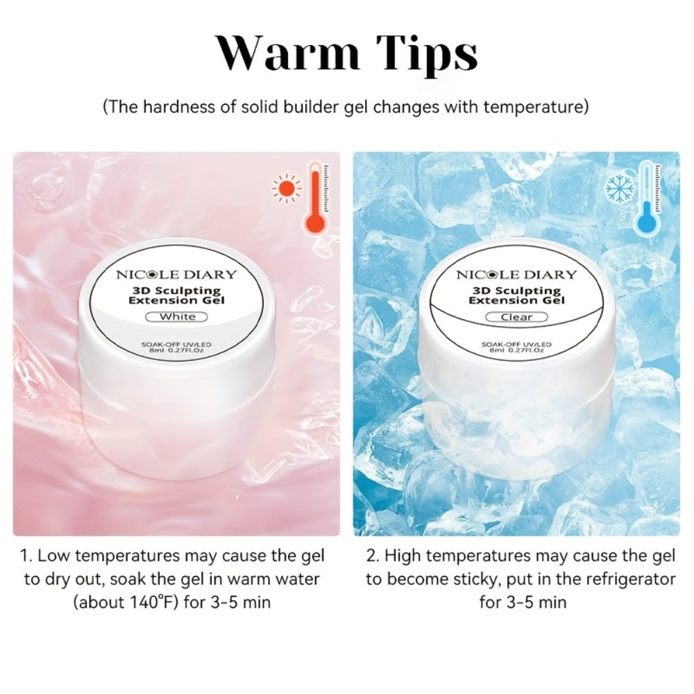 NICOLE DIARY 2pcs/3pcs 3D Carving Nail Gel Polish with Carving Pen White Clear 3D Sculpting Flower Gel Extension Gel Nail Nail Art Carving Gel Modeling Gel Nail Polish Manicure Nail Salon Home Use