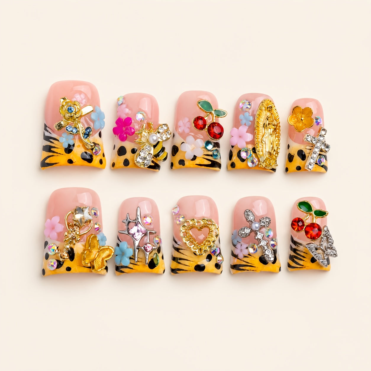 10pcs Y2K Yellow Striped Short Duck Press On Nails, Handmade Acrylic Nails with Cherry, Bee, Flower Rhinestone, Cross & Star Decor, Summer Daily Party Vacation Nail Set, Gift for Women And,Suitable for Graduation Photo Day