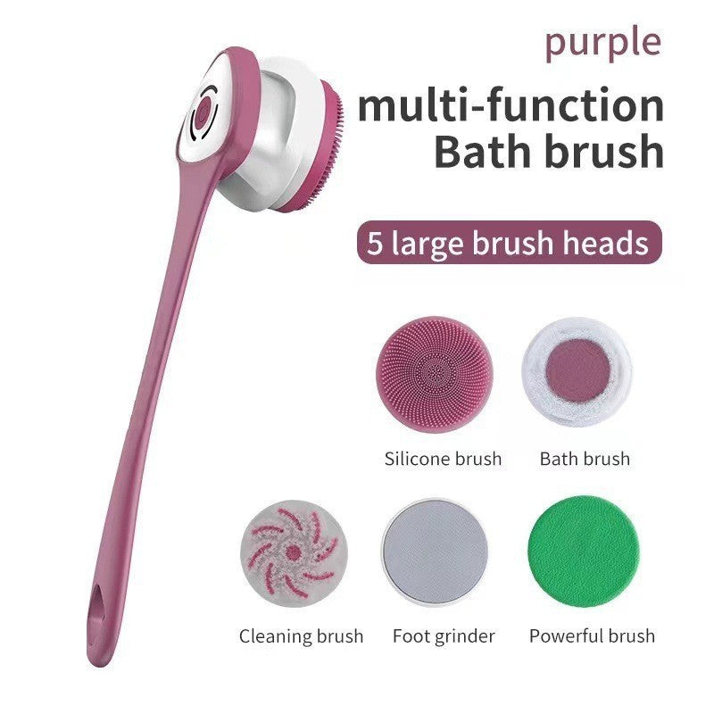 Electric Body Scrubber Brush 5-in-1 Rotating Shower Brush for Back Face Full Body Exfoliating Cleanser Soft Bristle Waterproof Ergonomic Handle Home Spa Bath Scrub Tool Green Purple White