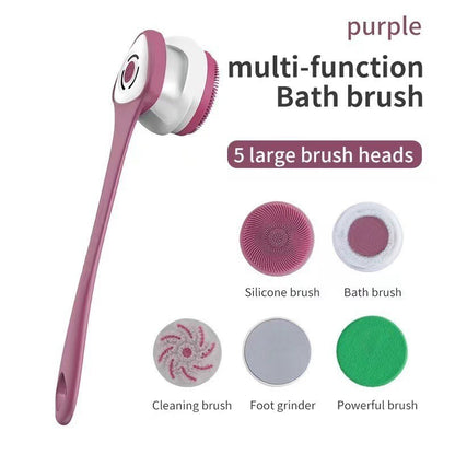 Electric Body Scrubber Brush 5-in-1 Rotating Shower Brush for Back Face Full Body Exfoliating Cleanser Soft Bristle Waterproof Ergonomic Handle Home Spa Bath Scrub Tool Green Purple White