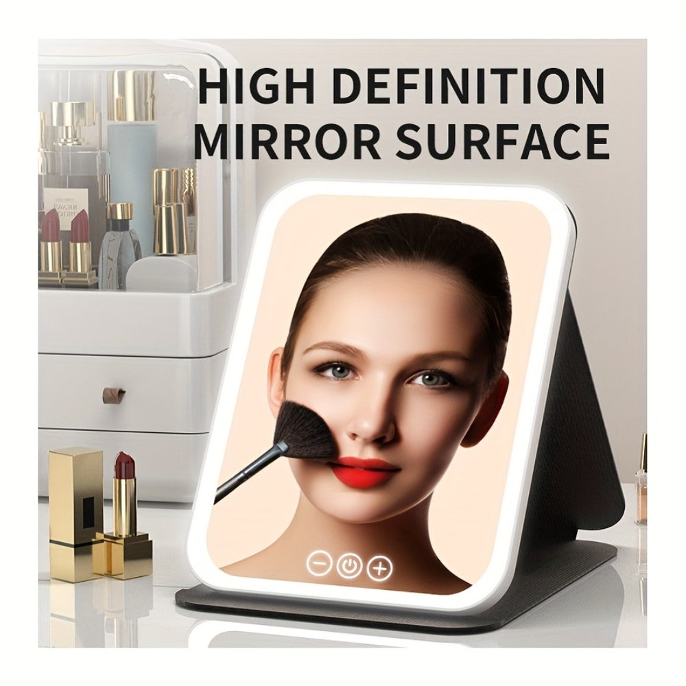 LED Makeup Mirror Folding with Touch Screen - USB Rechargeable Portable Vanity Mirror, Tri-Color Dimmable Lighting, Travel Desk Tabletop Use, Square or Round, Pink or White