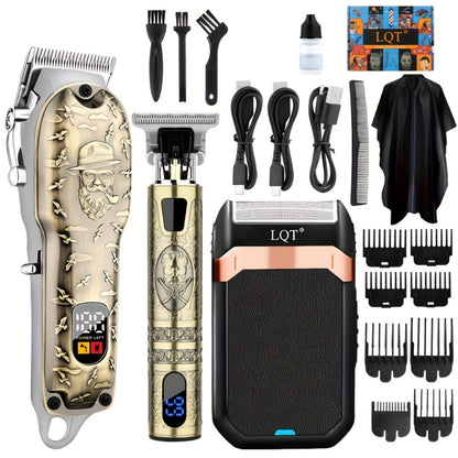 Electric Hair Clipper Set for Men LQT USB Charging 2000mAh with Engraving Scissors Metal Digital Display - 2 or 3 Piece Barber Kit for Home & Salon Bronze Gift