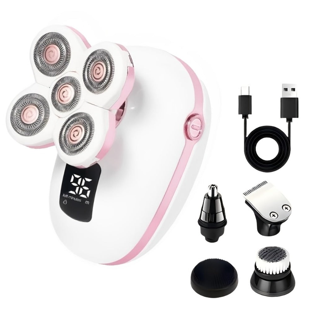 5-in-1 Men's/Women's Electric Shaver & Body Hair Trimmer USB Rechargeable, IPX6 Waterproof Versatile Grooming Kit for All Genders Includes Interchangeable Heads for Shaving, Hair Trimming, Sideburn Trimming, Facial Cleansing, And Nose Hair Trimming