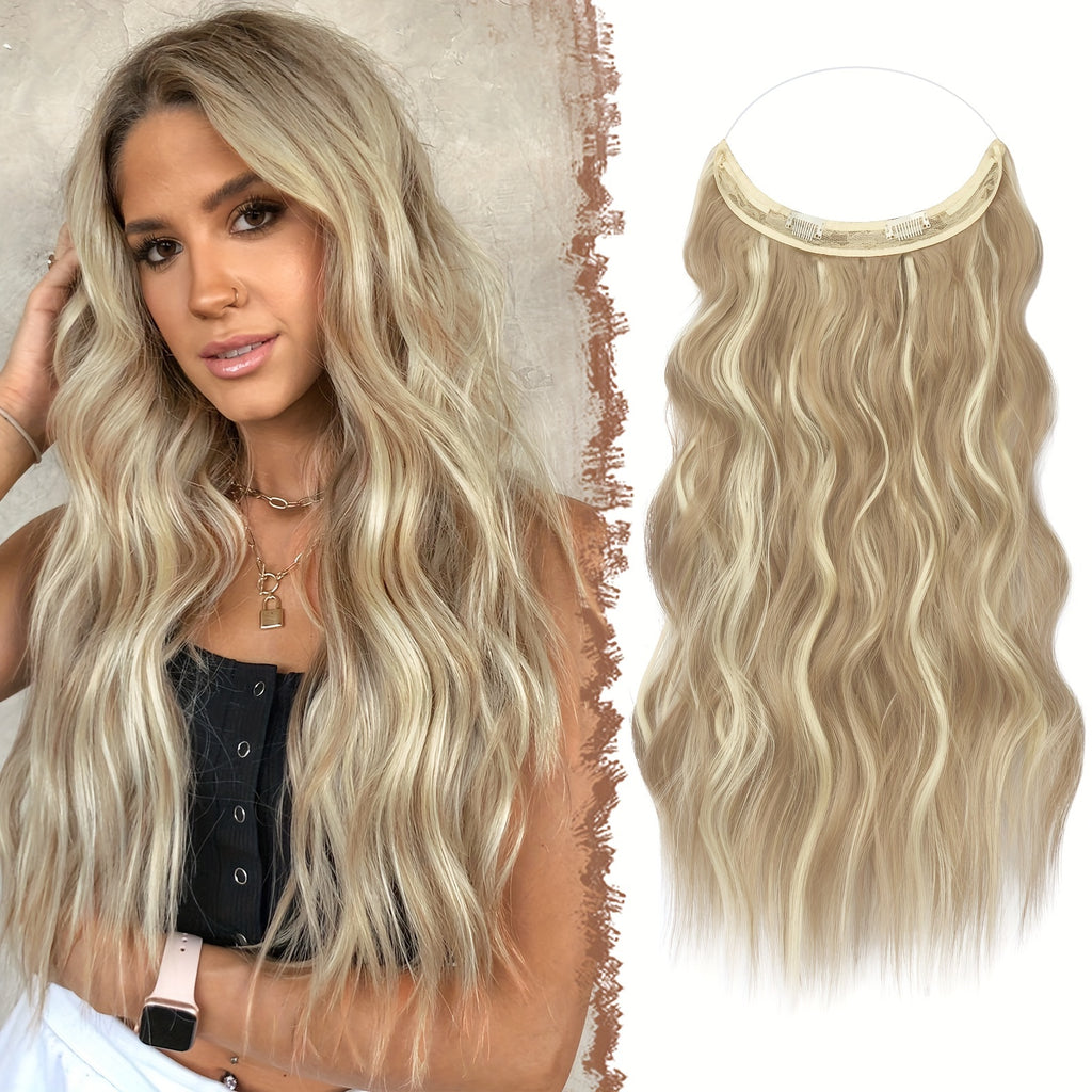 FESHFEN 18 Inch Brown Mixed Ash Blonde Invisible Wire Hair Extensions with Clear Wire Synthetic Long Wavy Wigs for Women Halloween Party And Christmas Use