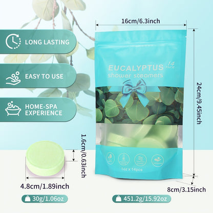 Eucalyptus Shower Steamers 14 Pcs with Essential Oil - Bath Salt Balls for Aromatherapy, Fresh Scent, Normal Skin, Travel & Daily Use, Birthday Christmas Halloween Gift for Men and Women
