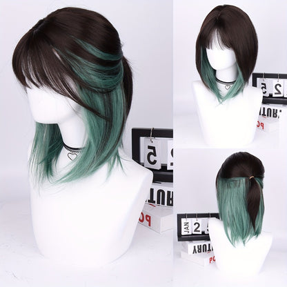 Synthetic Bob Wig with Bangs Ombre Color — 150% Density, Short Straight, Rose Net Cap, Brown Black with Wine Red, Pink or Green, 16 Inch, Halloween Cosplay Party